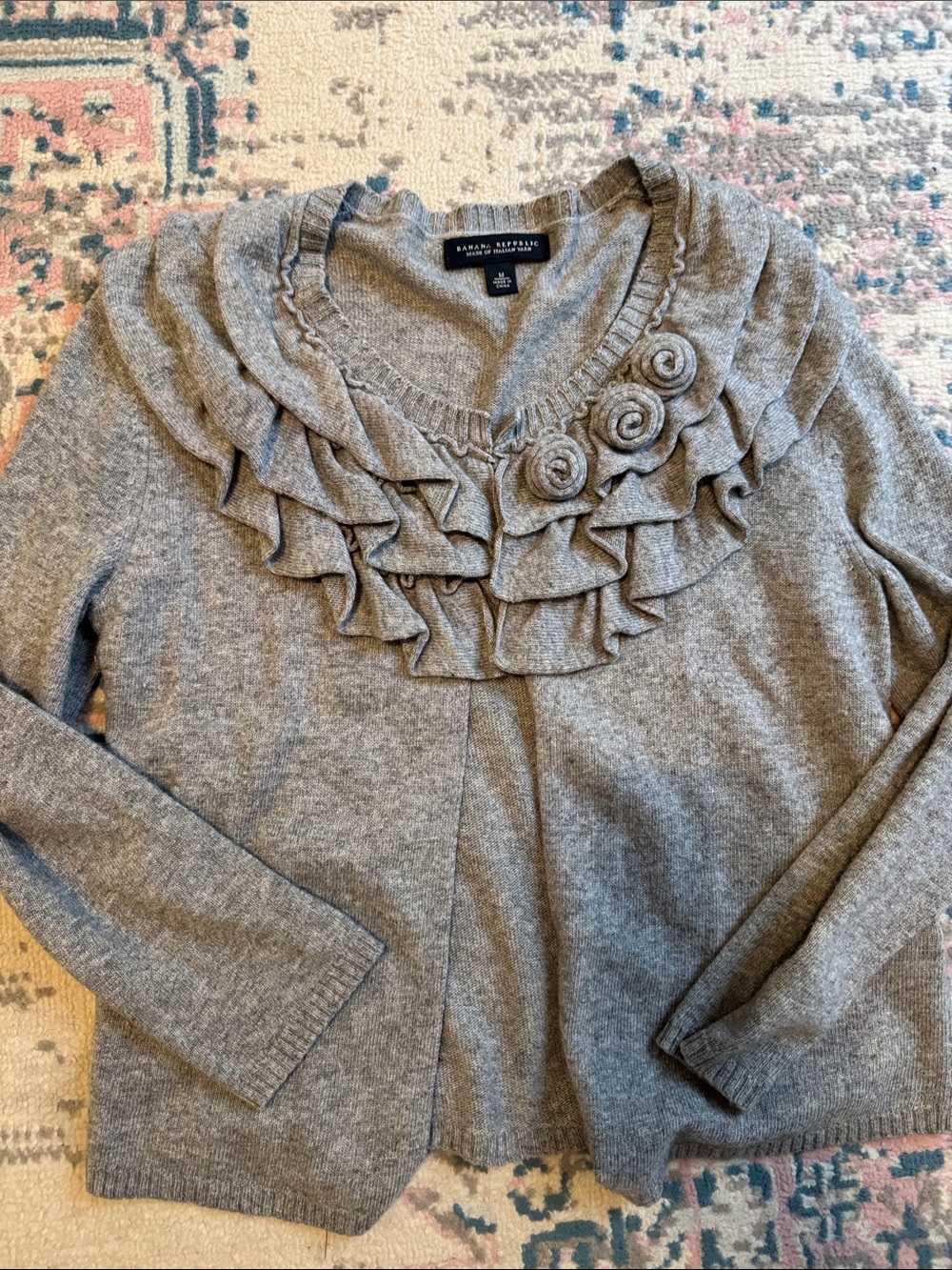 Banana Republic Gray Ruffle-Front Cardigan with Rosette Accents